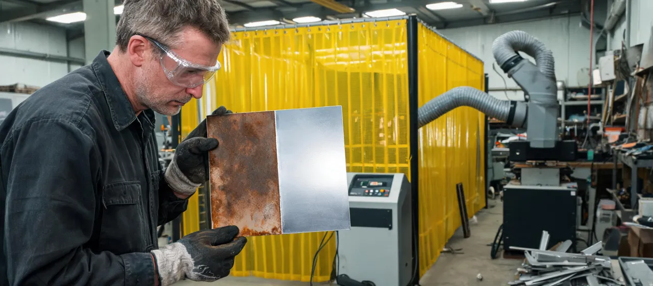Small fabrication owner checking pulsed cleaning result