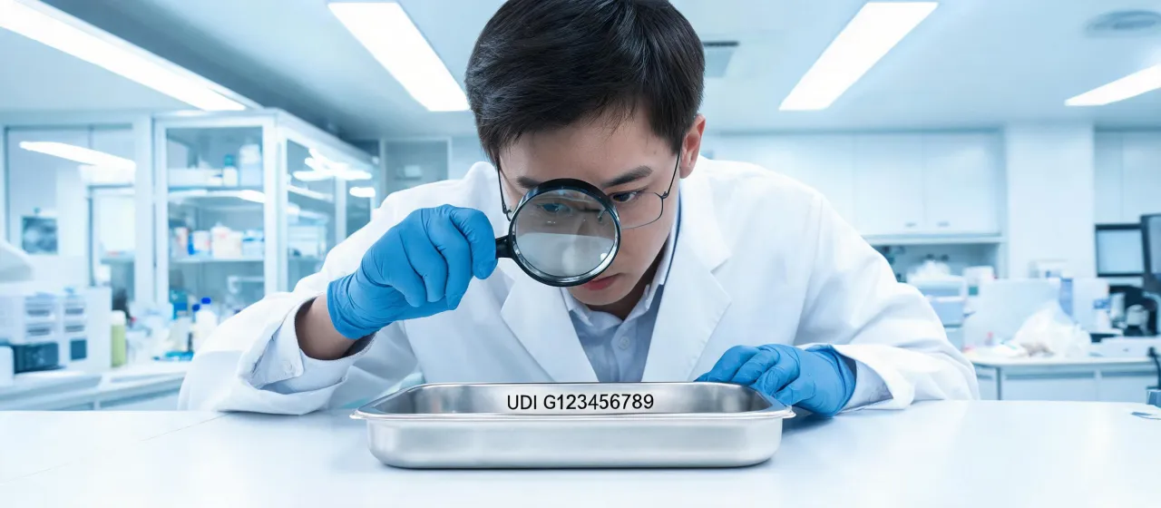 Medical device engineer measuring laser marked implant